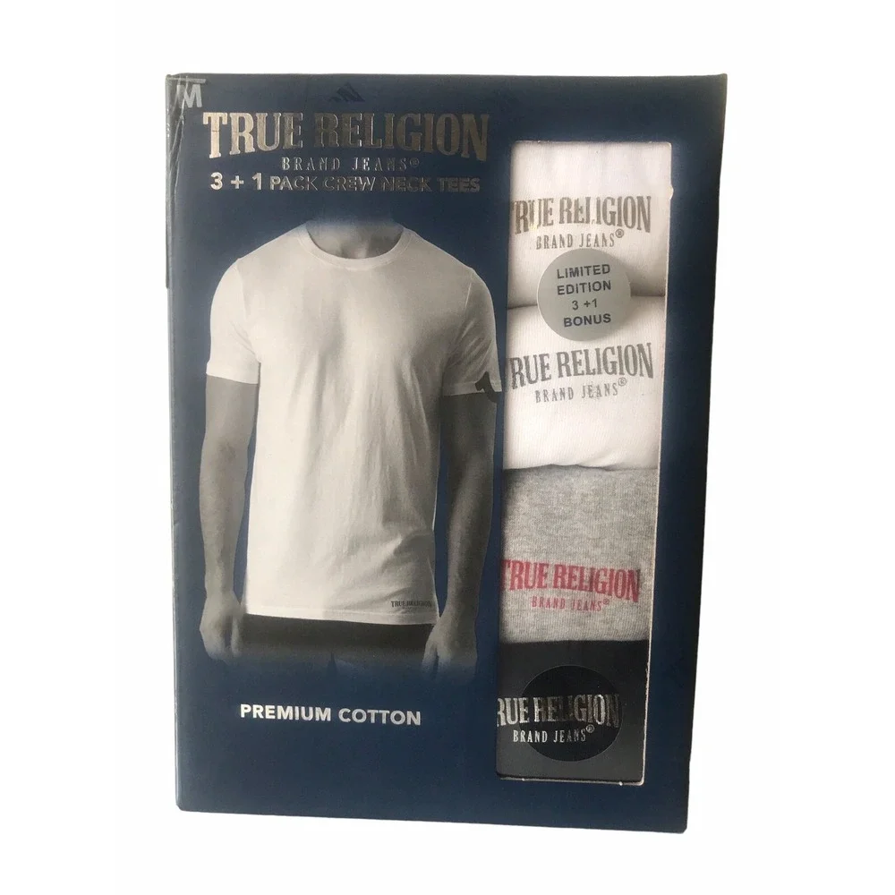 NEW TRUE RELIGION Mens 3 + 1 Pack Crew Neck Tees Cotton Logo Multi Shirts MEDIUM